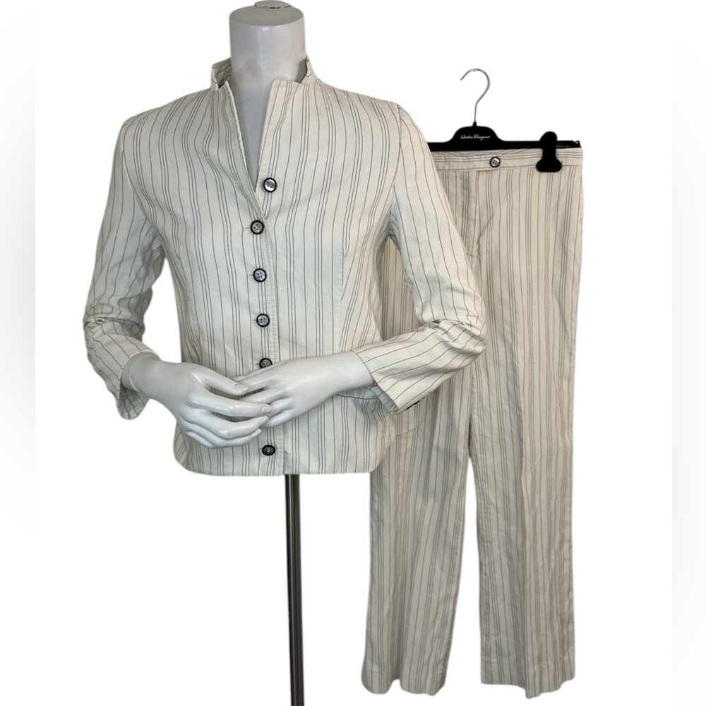 CAROLINA HERRERA Striped Button-Up Blazer and Pants Suit Set
